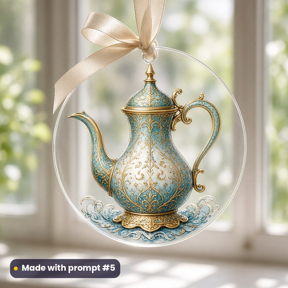 Islamic New Year artwork printed on a UV-printed clear acrylic ornament: antique brass coffee pot of original design, fantasy luminous style, made with prompt #5 from this pack