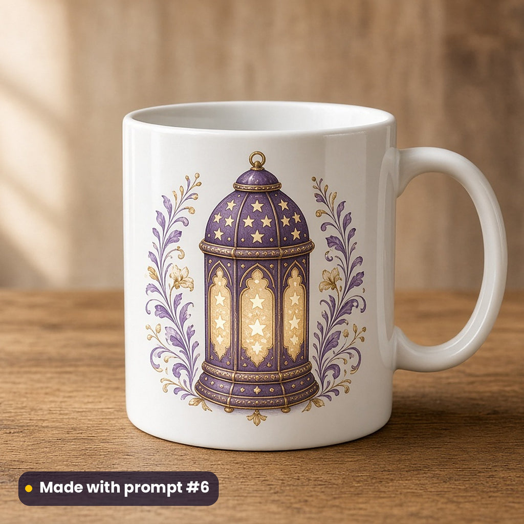 Islamic New Year artwork printed on a UV-printed ceramic mug: brass lantern glowing with star-shaped cut-outs, folk art style, made with prompt #6 from this pack