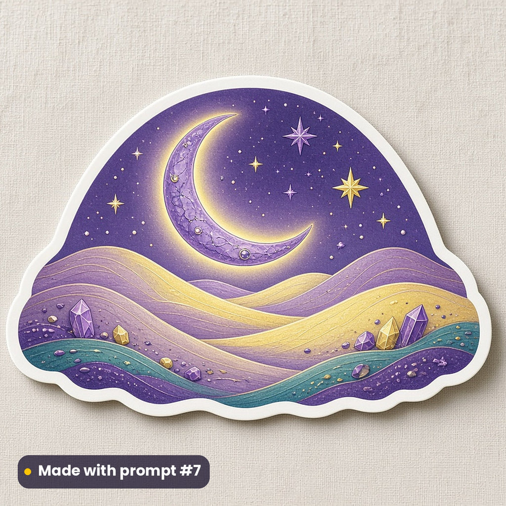 Islamic New Year artwork printed on a die-cut vinyl sticker: slender crescent moon over desert dunes, luxury enamel & gemstone style, made with prompt #7 from this pack
