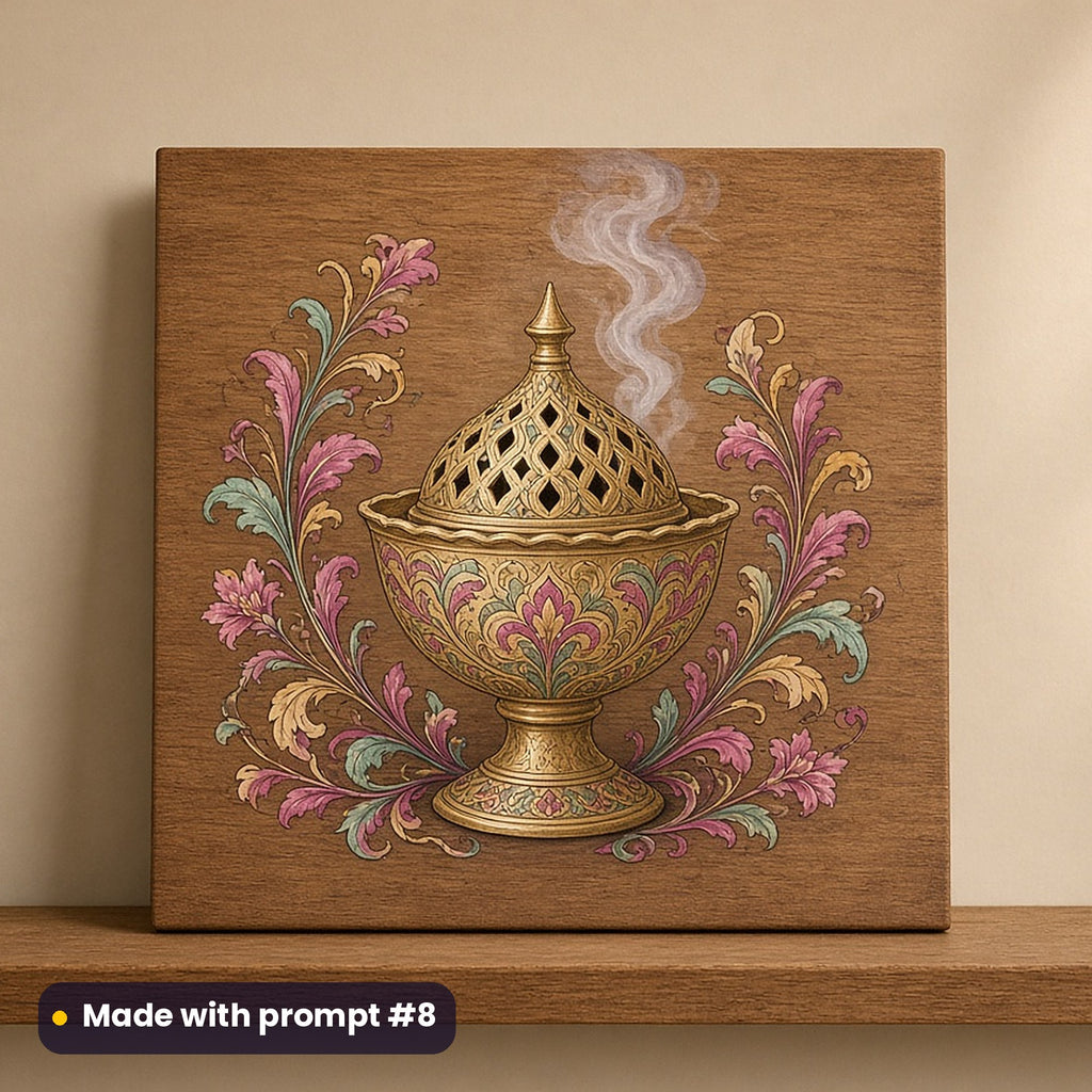 Islamic New Year artwork printed on a UV-printed wooden plaque: vintage incense burner with soft smoke, luxury porcelain style, made with prompt #8 from this pack