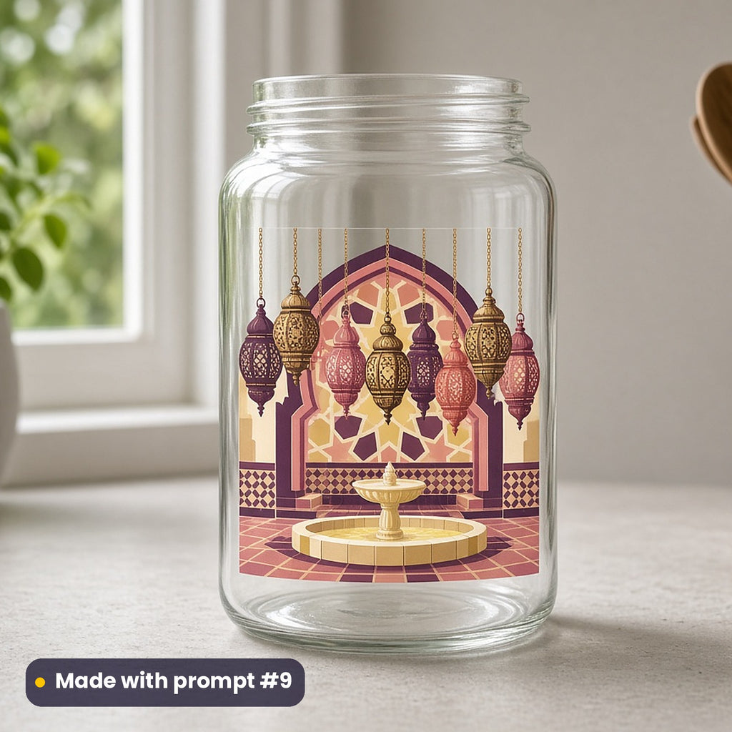 Islamic New Year artwork printed on a UV DTF decal on glass: row of hanging lanterns in a courtyard, minimal bold graphic style, made with prompt #9 from this pack