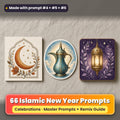 Islamic New Year prompt pack: 66 master prompts + Remix Guide, with a UV-printed greeting card, acrylic ornament and mug set made with prompts #4, #5 and #6