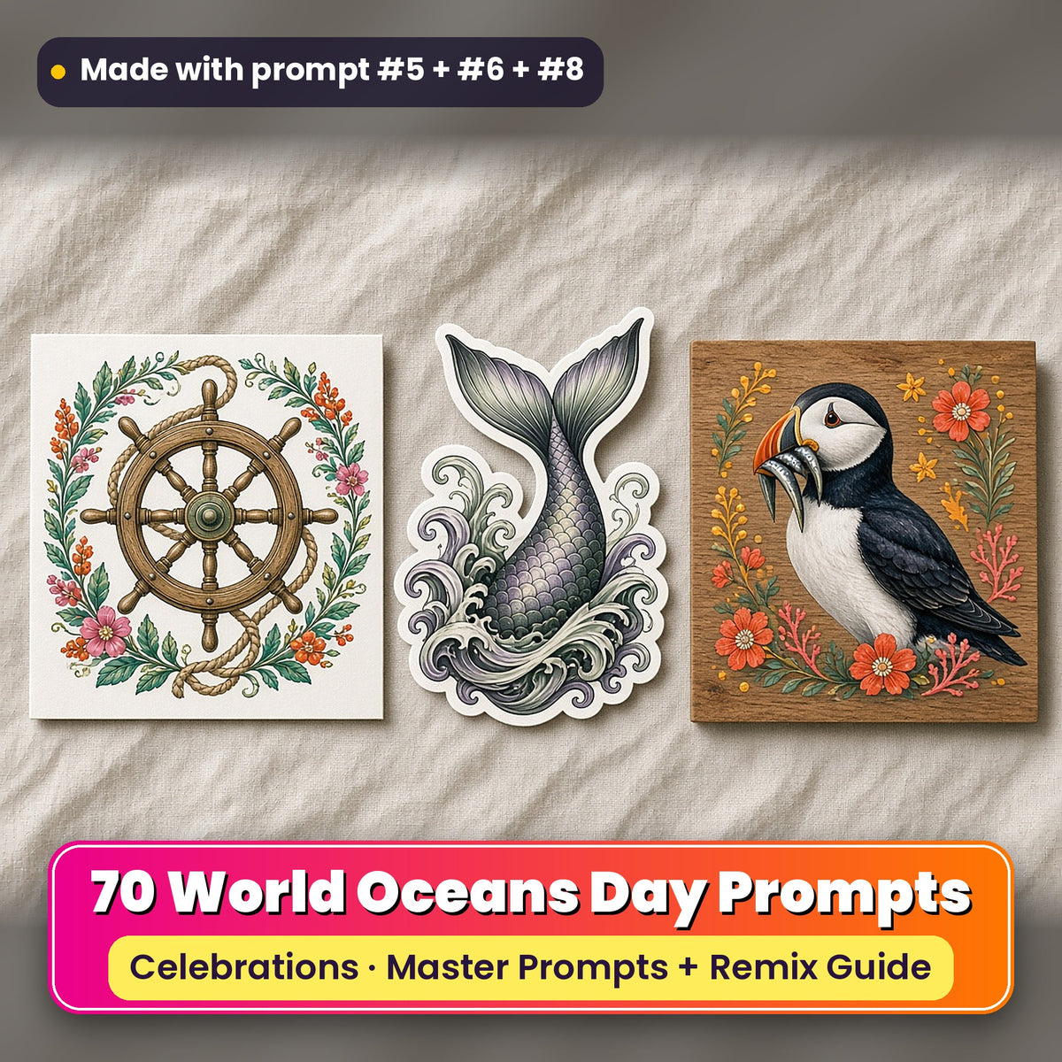 World Oceans Day prompt pack: 70 master prompts + Remix Guide, with a UV-printed greeting card, acrylic ornament and mug set made with prompts #5, #6 and #8