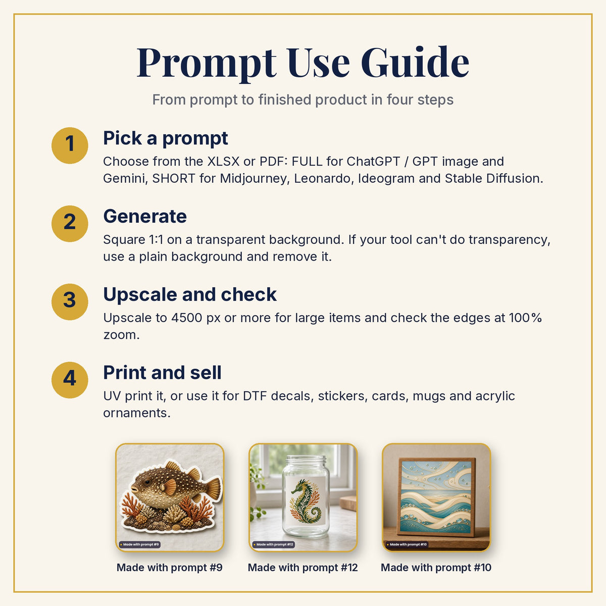 Prompt Use Guide: pick a prompt, generate, upscale and check, then print and sell, with example products made with prompts #9, #12 and #10