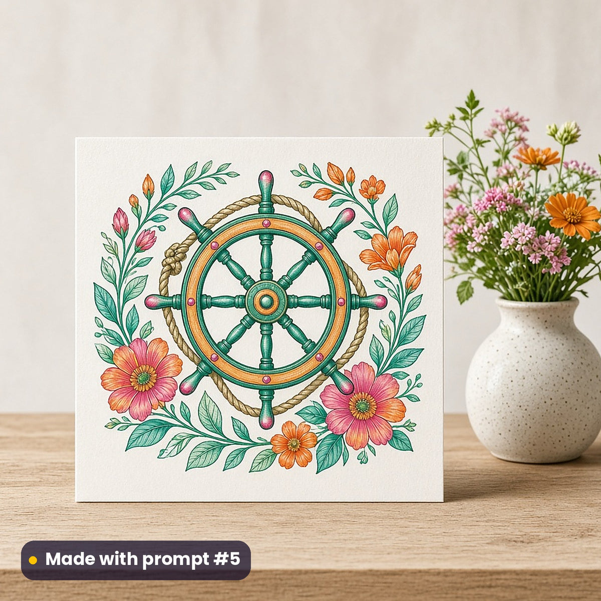 World Oceans Day artwork printed on a flat-printed greeting card: vintage ship's wheel with rope, elegant line & floral style, made with prompt #5 from this pack