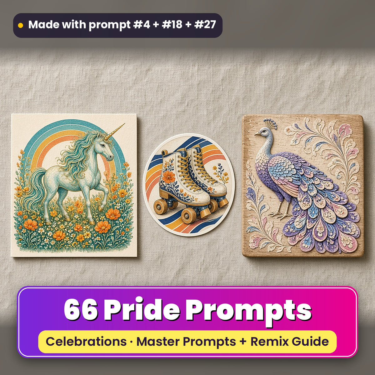 Pride prompt pack: 66 master prompts + Remix Guide, with a UV-printed greeting card, acrylic ornament and mug set made with prompts #4, #18 and #27