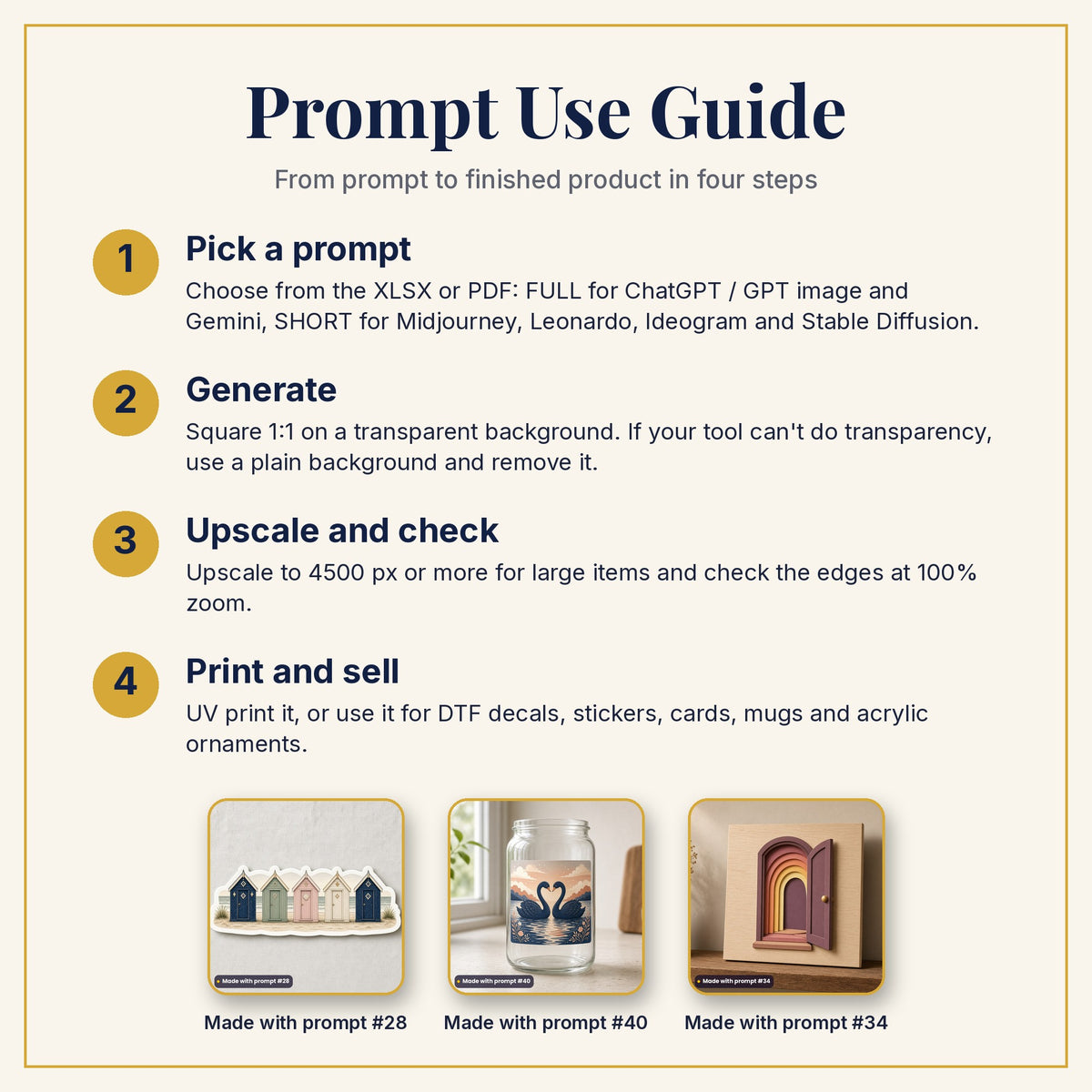 Prompt Use Guide: pick a prompt, generate, upscale and check, then print and sell, with example products made with prompts #28, #40 and #34