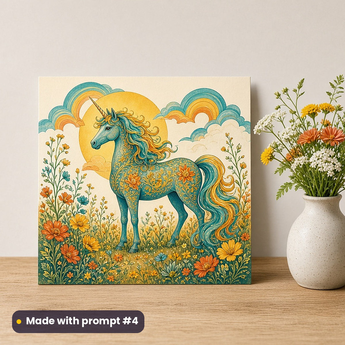 Pride artwork printed on a flat-printed greeting card: rainbow unicorn of original design in a meadow, elegant line & floral style, made with prompt #4 from this pack