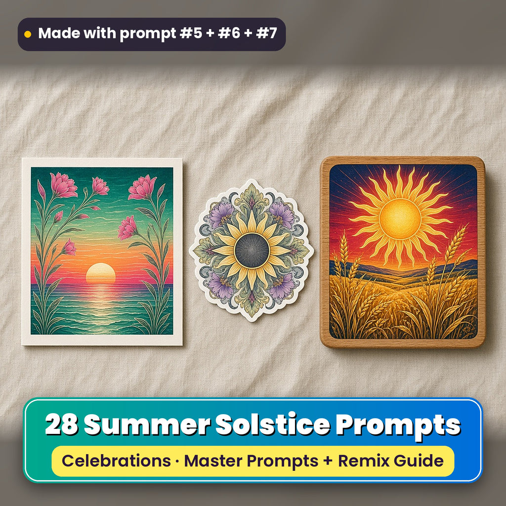 Summer Solstice prompt pack: 28 master prompts + Remix Guide, with a UV-printed greeting card, acrylic ornament and mug set made with prompts #5, #6 and #7