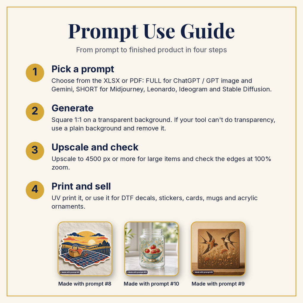Prompt Use Guide: pick a prompt, generate, upscale and check, then print and sell, with example products made with prompts #8, #10 and #9