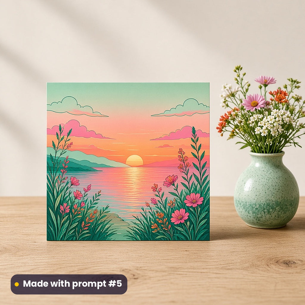 Summer Solstice artwork printed on a flat-printed greeting card: longest day sunset over the sea, elegant line & floral style, made with prompt #5 from this pack
