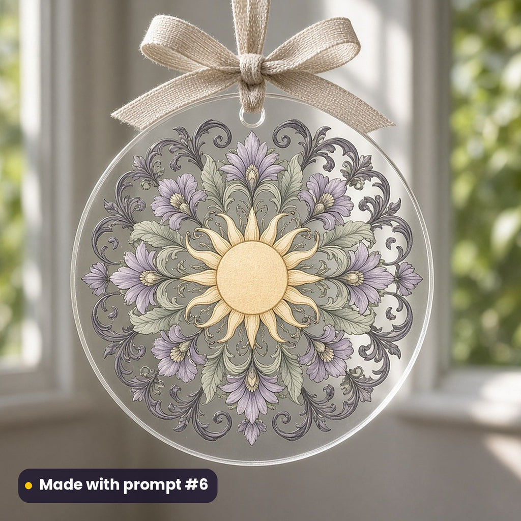 Summer Solstice artwork printed on a UV-printed clear acrylic ornament: sun with a radiant floral corona, fantasy heraldic style, made with prompt #6 from this pack