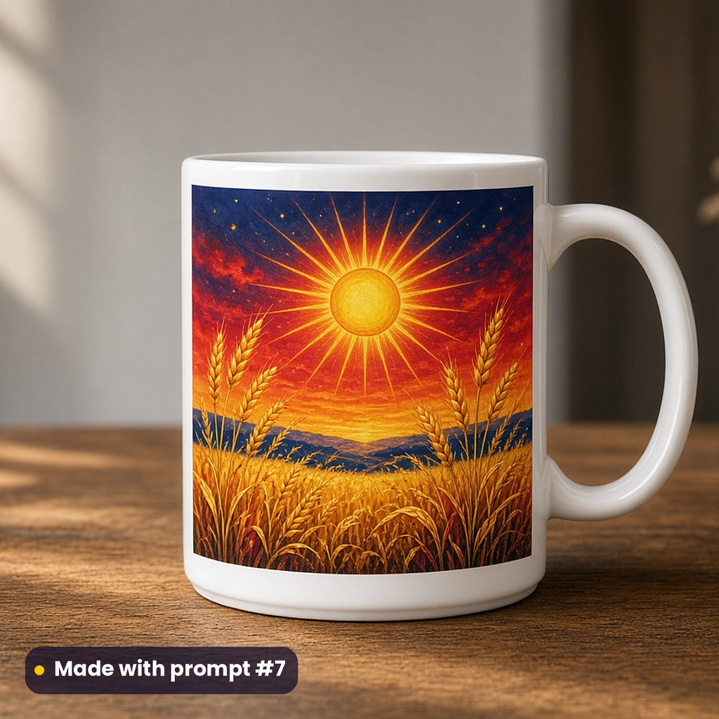 Summer Solstice artwork printed on a UV-printed ceramic mug: golden sun over a wheat field, fantasy luminous style, made with prompt #7 from this pack