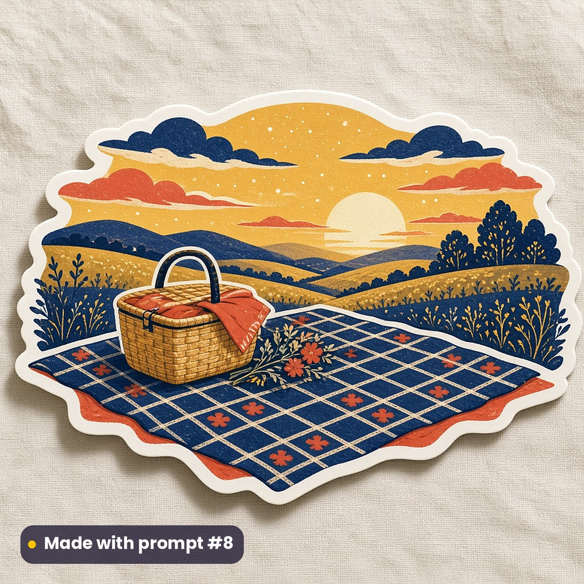 Summer Solstice artwork printed on a die-cut vinyl sticker: picnic blanket under a long golden evening, folk art style, made with prompt #8 from this pack