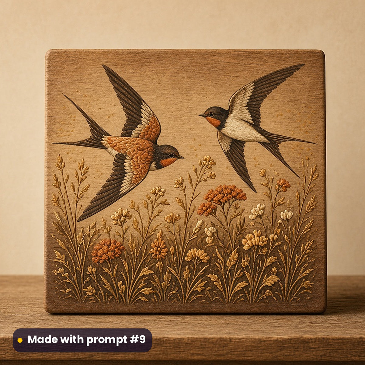 Summer Solstice artwork printed on a UV-printed wooden plaque: swallows swooping over a meadow, handcrafted clay illusion style, made with prompt #9 from this pack