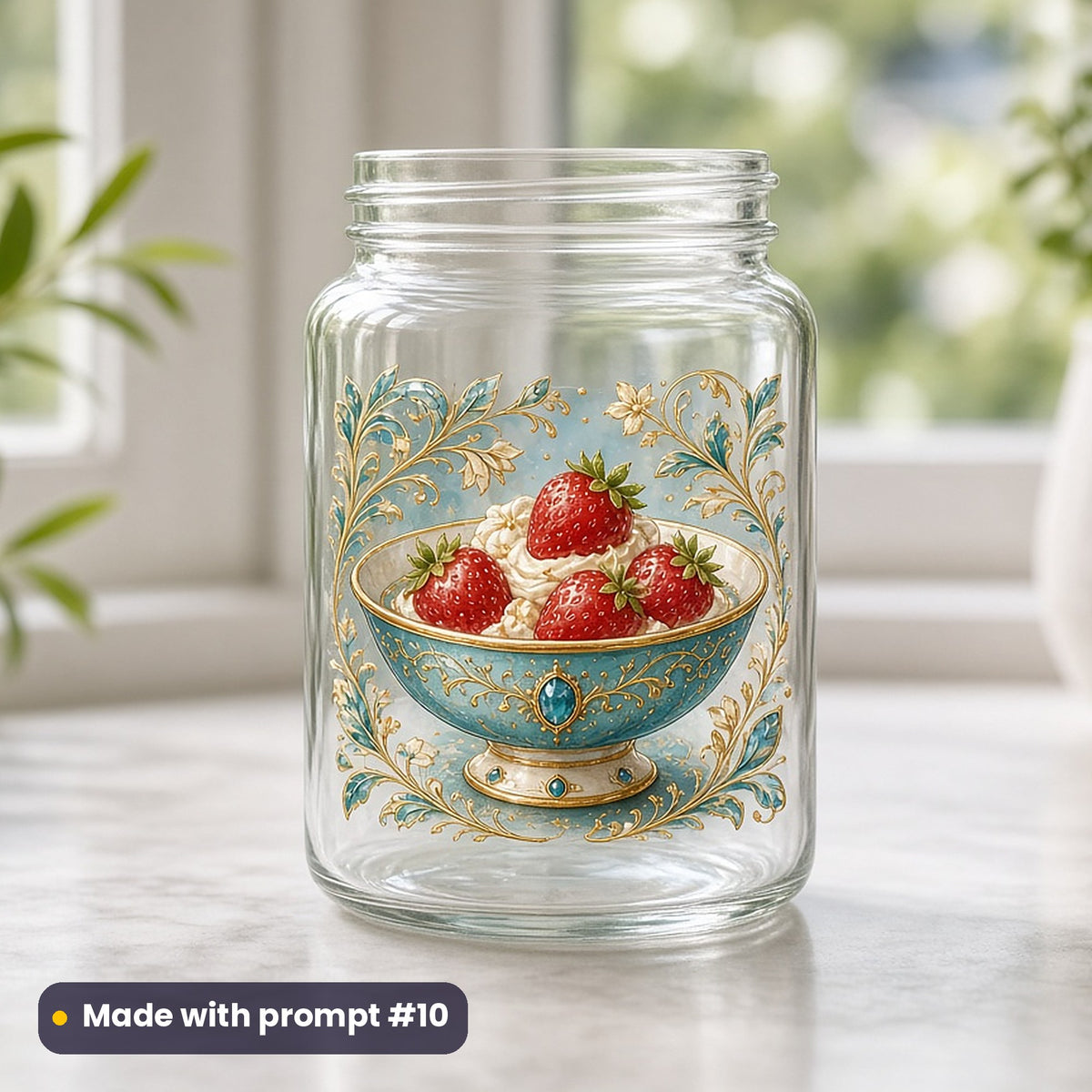 Summer Solstice artwork printed on a UV DTF decal on glass: bowl of wild strawberries in midsummer sun, luxury enamel & gemstone style, made with prompt #10 from this pack