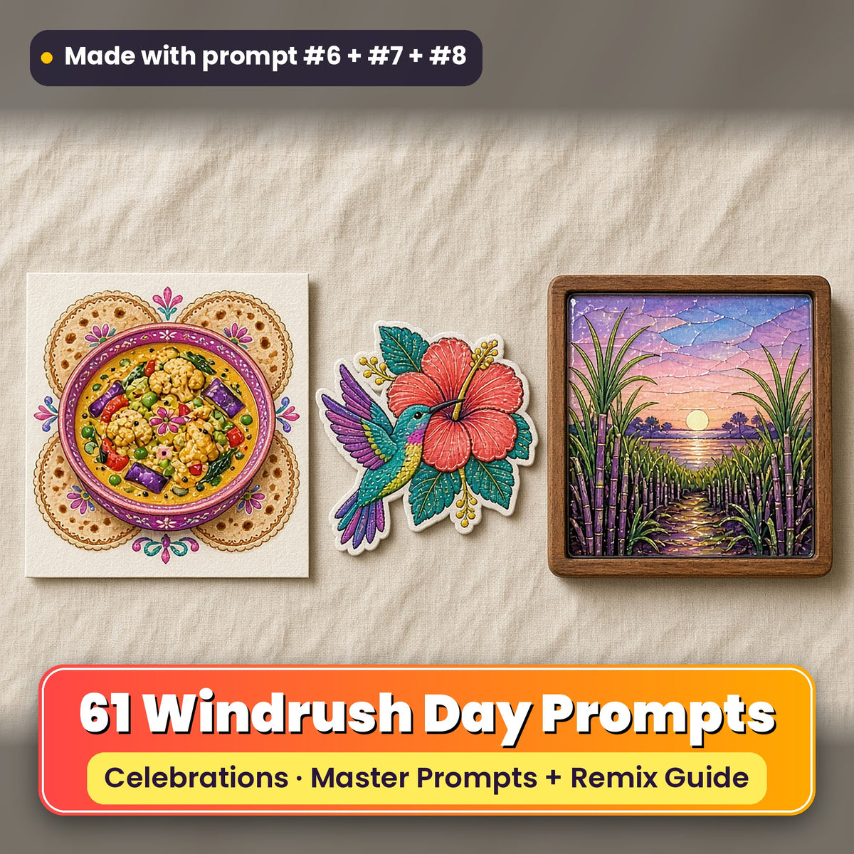 Windrush Day prompt pack: 61 master prompts + Remix Guide, with a UV-printed greeting card, acrylic ornament and mug set made with prompts #6, #7 and #8