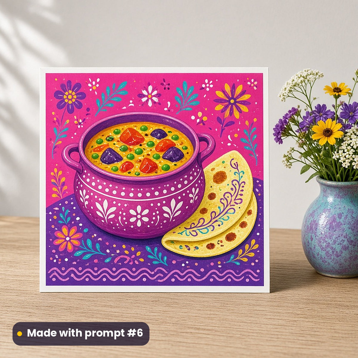 Windrush Day artwork printed on a flat-printed greeting card: pot of vegetable curry with roti, folk art style, made with prompt #6 from this pack
