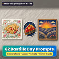 Bastille Day prompt pack: 62 master prompts + Remix Guide, with a UV-printed greeting card, acrylic ornament and mug set made with prompts #5, #7 and #8