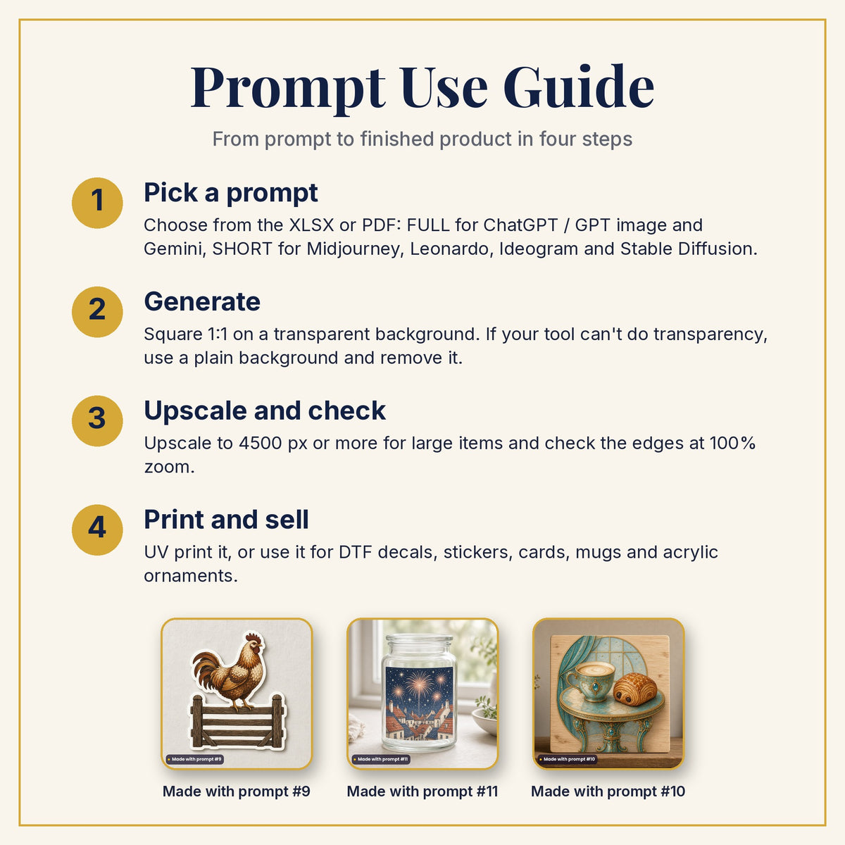 Prompt Use Guide: pick a prompt, generate, upscale and check, then print and sell, with example products made with prompts #9, #11 and #10