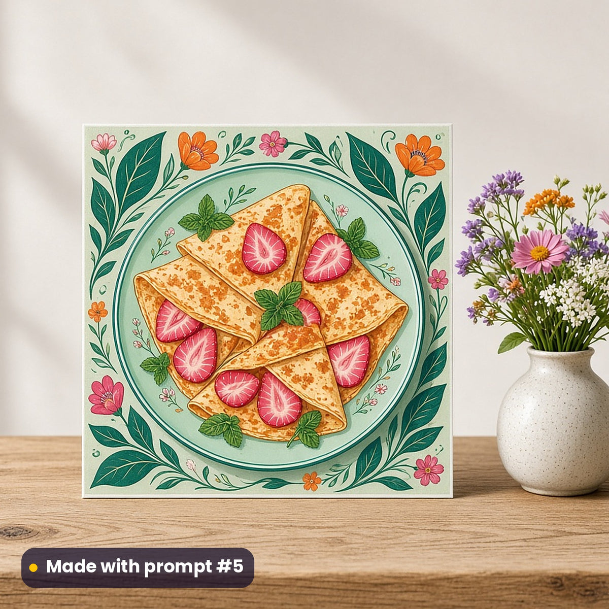 Bastille Day artwork printed on a flat-printed greeting card: crêpes with strawberries, elegant line & floral style, made with prompt #5 from this pack