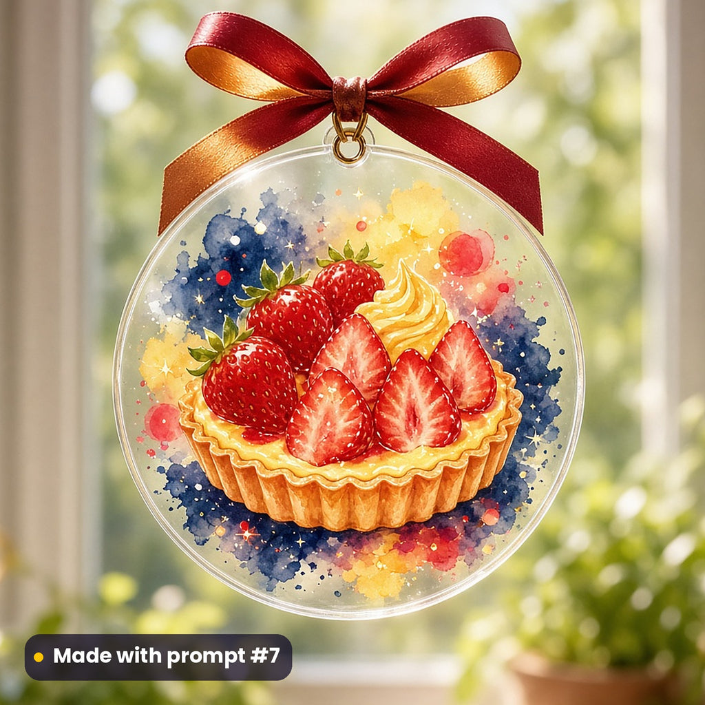 Bastille Day artwork printed on a UV-printed clear acrylic ornament: tarte aux fraises, fantasy luminous style, made with prompt #7 from this pack