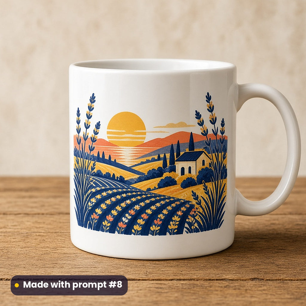 Bastille Day artwork printed on a UV-printed ceramic mug: Provence lavender fields at sunset, folk art style, made with prompt #8 from this pack