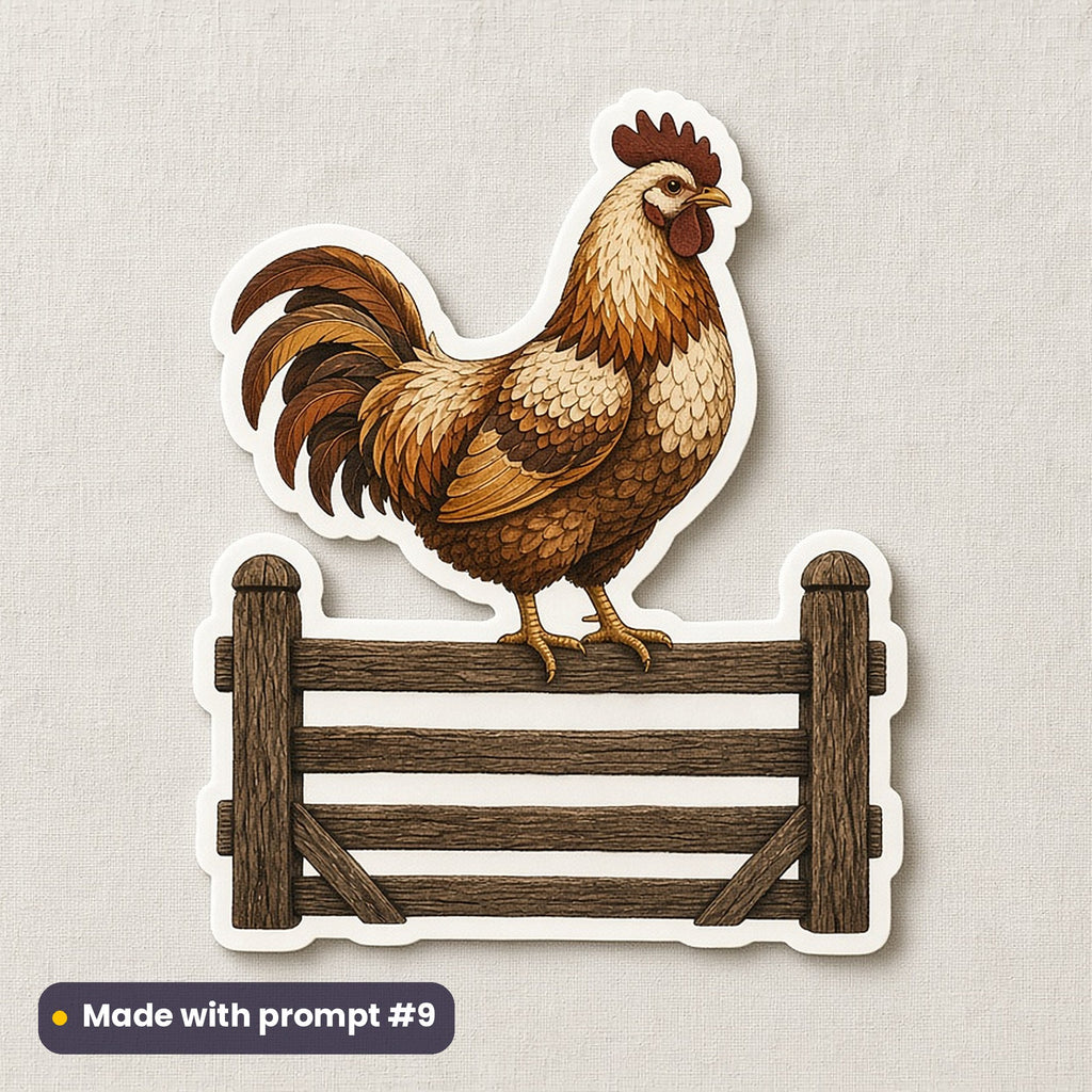 Bastille Day artwork printed on a die-cut vinyl sticker: proud French rooster on a farm gate, handcrafted clay illusion style, made with prompt #9 from this pack