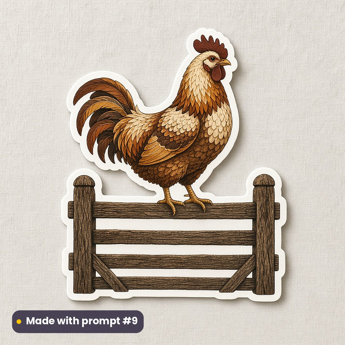 Bastille Day artwork printed on a die-cut vinyl sticker: proud French rooster on a farm gate, handcrafted clay illusion style, made with prompt #9 from this pack