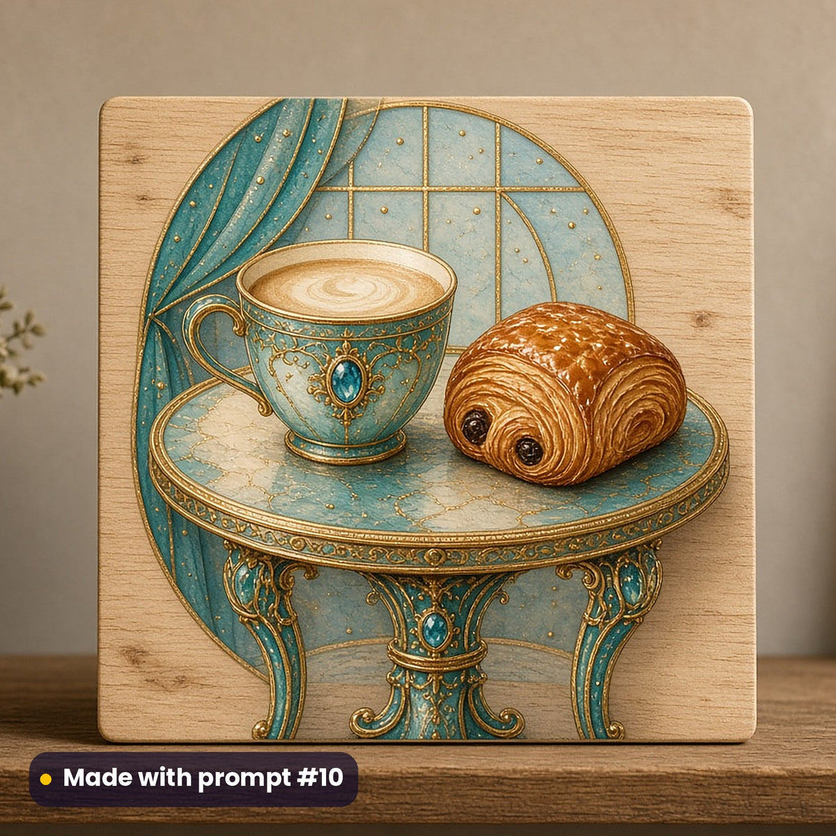 Bastille Day artwork printed on a UV-printed wooden plaque: café au lait and a pain au chocolat, luxury enamel & gemstone style, made with prompt #10 from this pack