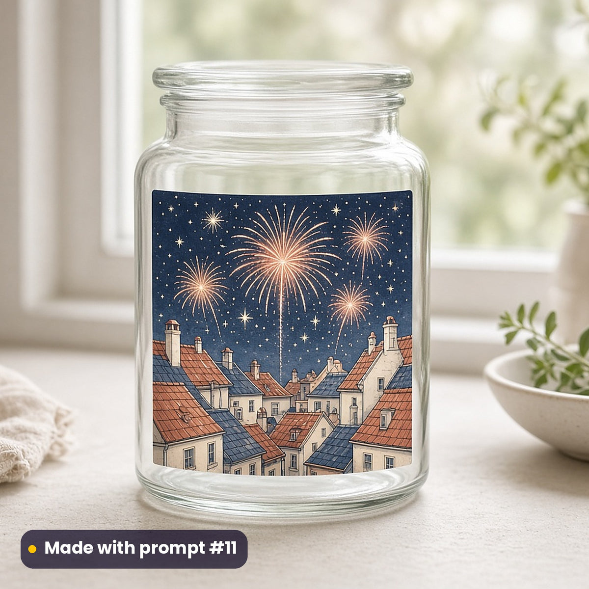 Bastille Day artwork printed on a UV DTF decal on glass: fireworks and stars over rooftops, luxury porcelain style, made with prompt #11 from this pack