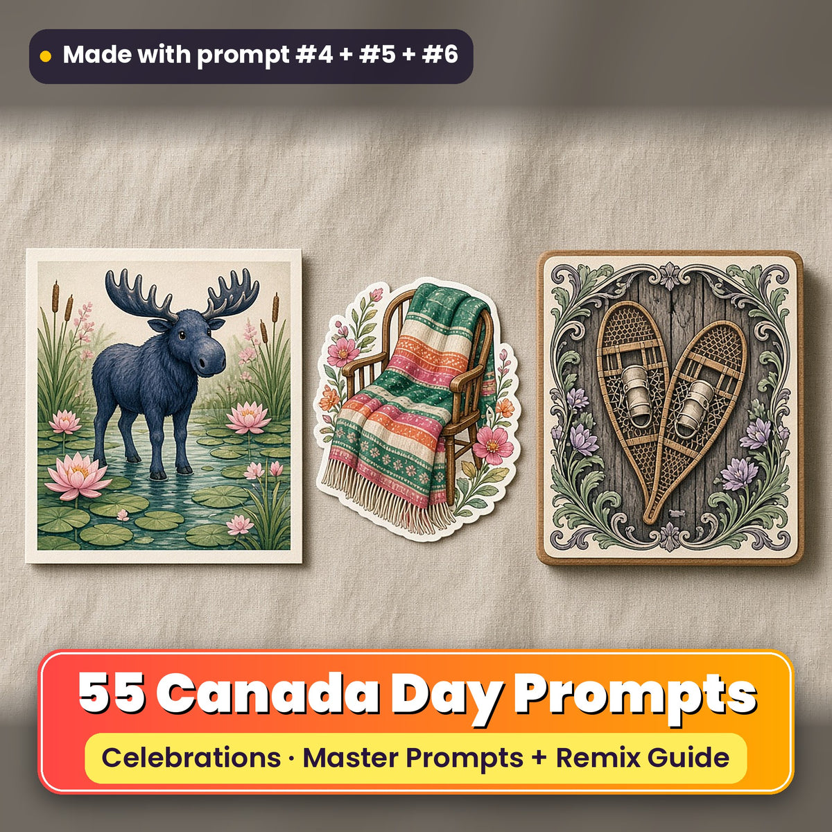 Canada Day prompt pack: 55 master prompts + Remix Guide, with a UV-printed greeting card, acrylic ornament and mug set made with prompts #4, #5 and #6