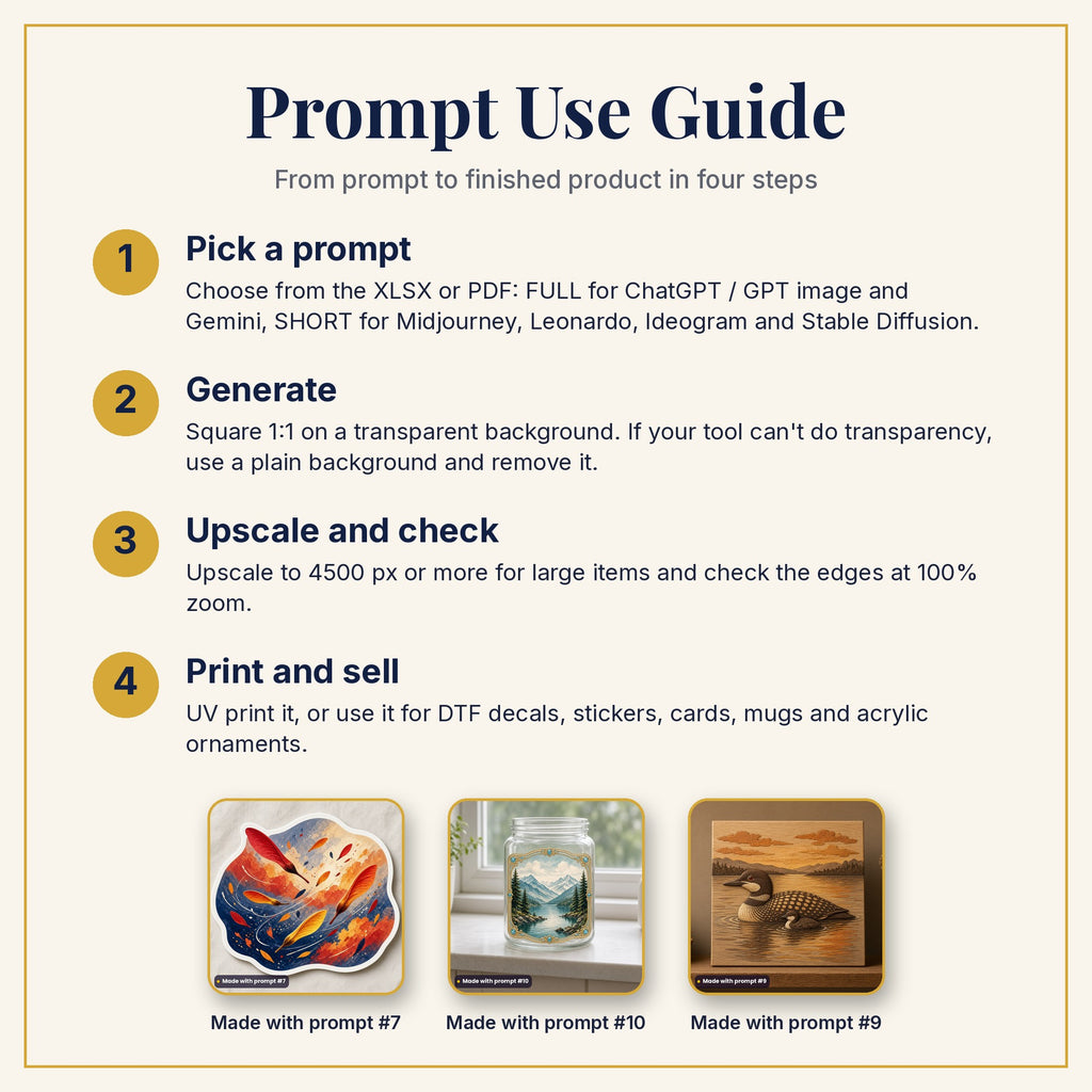 Prompt Use Guide: pick a prompt, generate, upscale and check, then print and sell, with example products made with prompts #7, #10 and #9