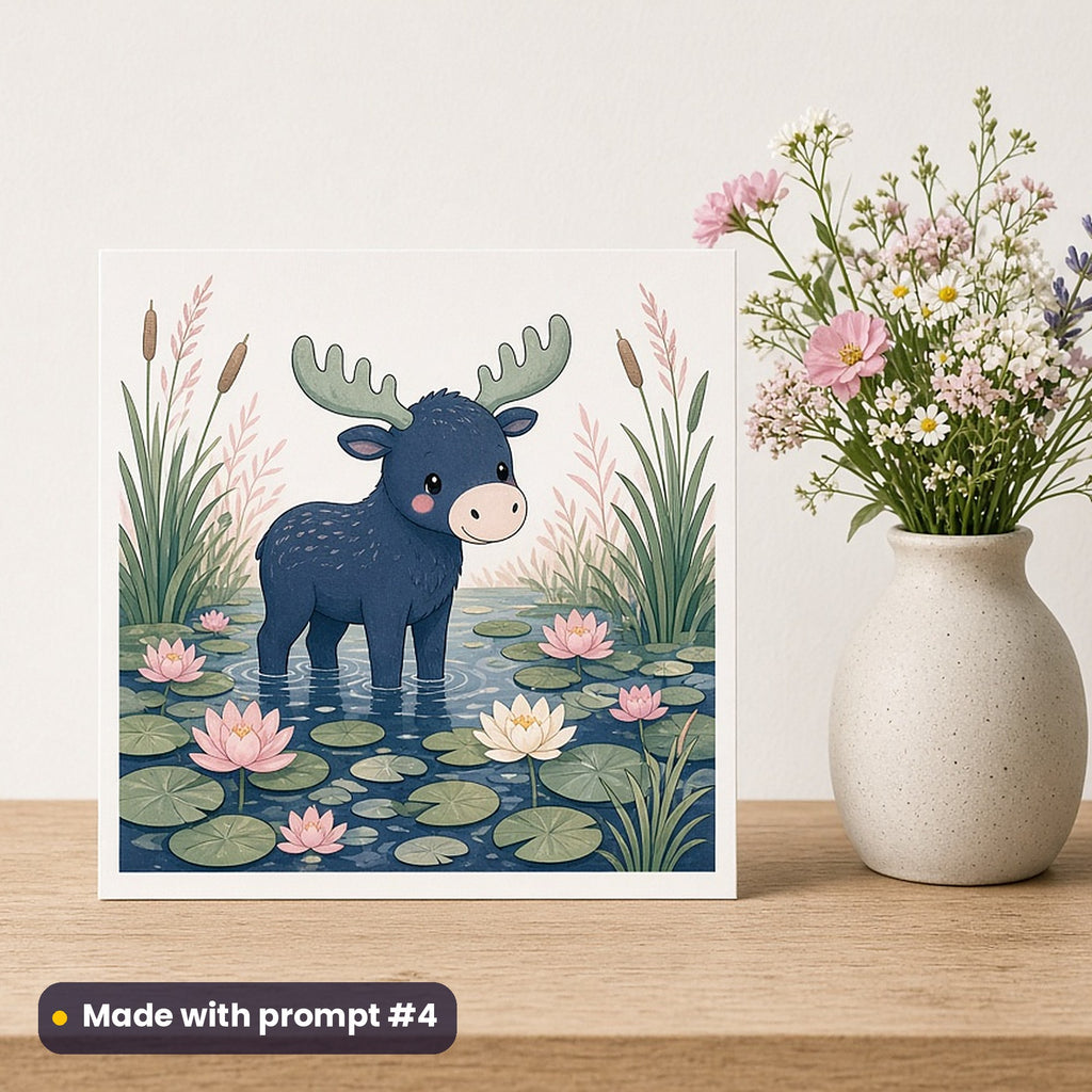 Canada Day artwork printed on a flat-printed greeting card: moose standing in a lily pond, cute kawaii style, made with prompt #4 from this pack