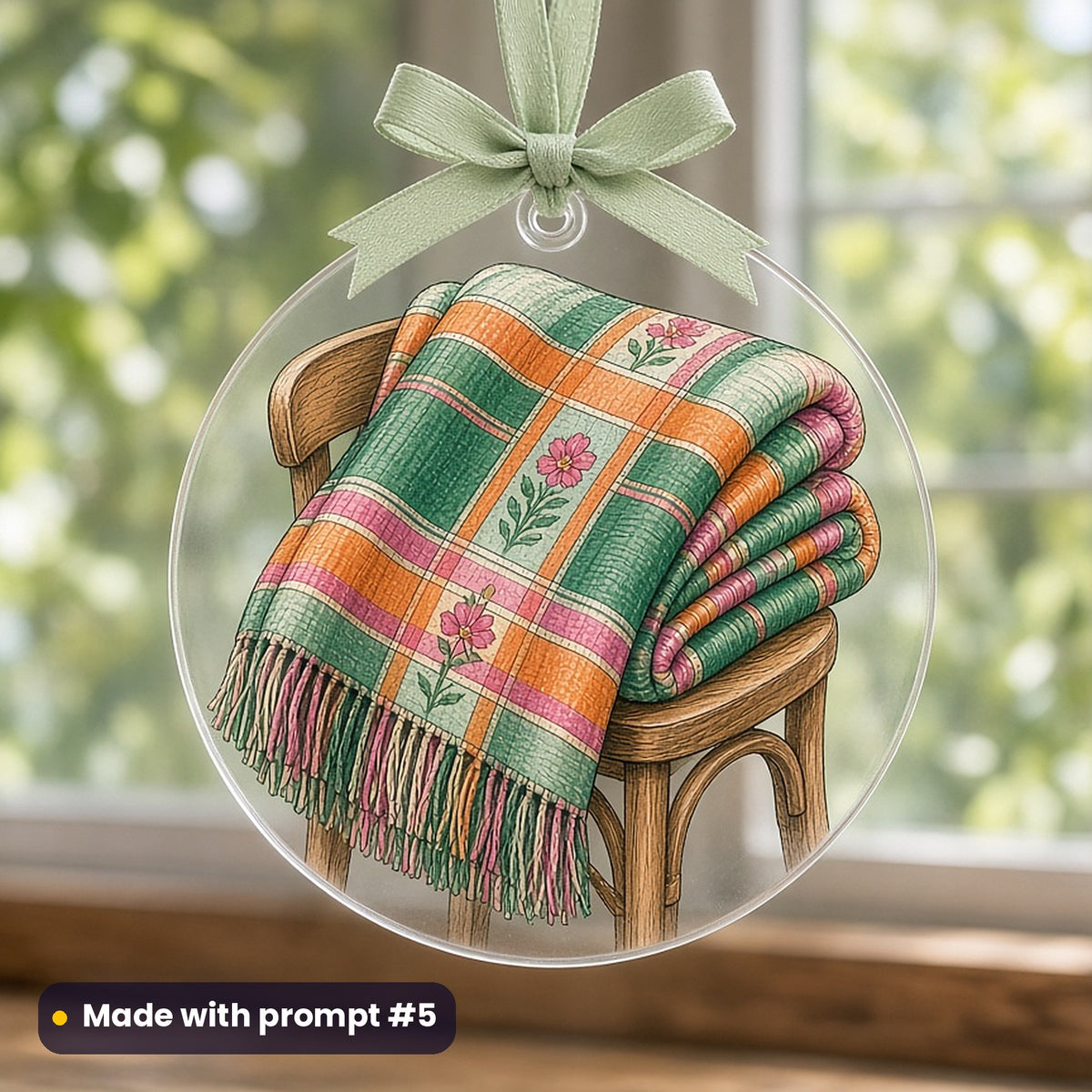 Canada Day artwork printed on a UV-printed clear acrylic ornament: retro wool trade blanket stripes folded on a chair, elegant line & floral style, made with prompt #5 from this pack