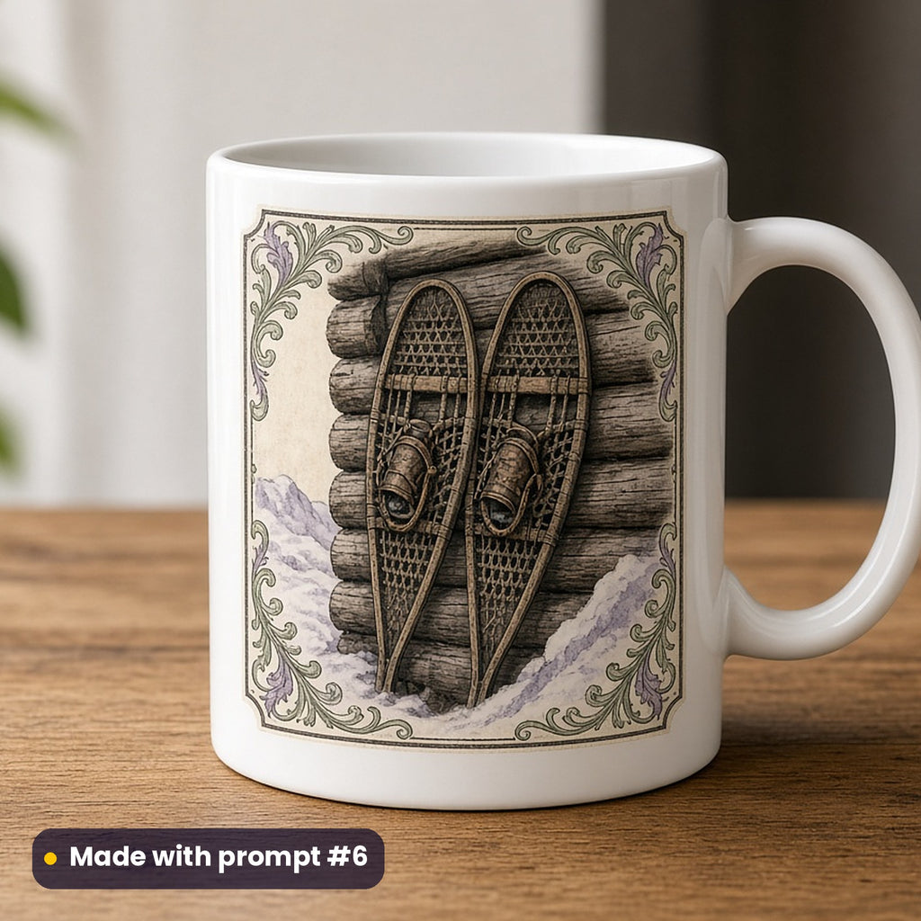 Canada Day artwork printed on a UV-printed ceramic mug: old wooden snowshoes hung on a cabin wall, fantasy heraldic style, made with prompt #6 from this pack