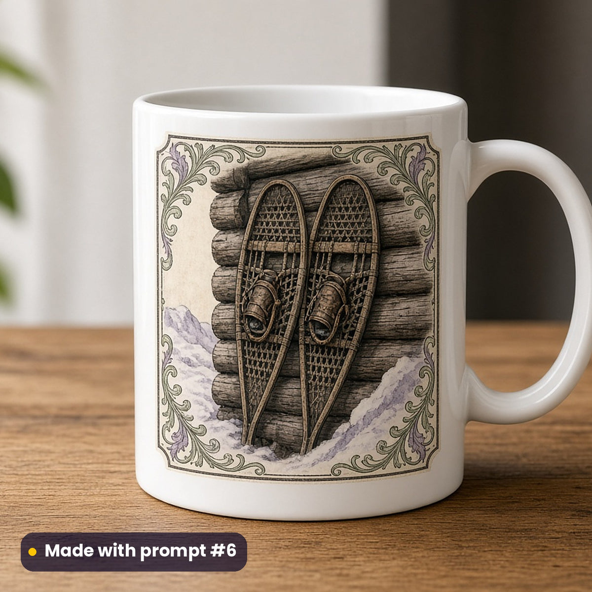 Canada Day artwork printed on a UV-printed ceramic mug: old wooden snowshoes hung on a cabin wall, fantasy heraldic style, made with prompt #6 from this pack