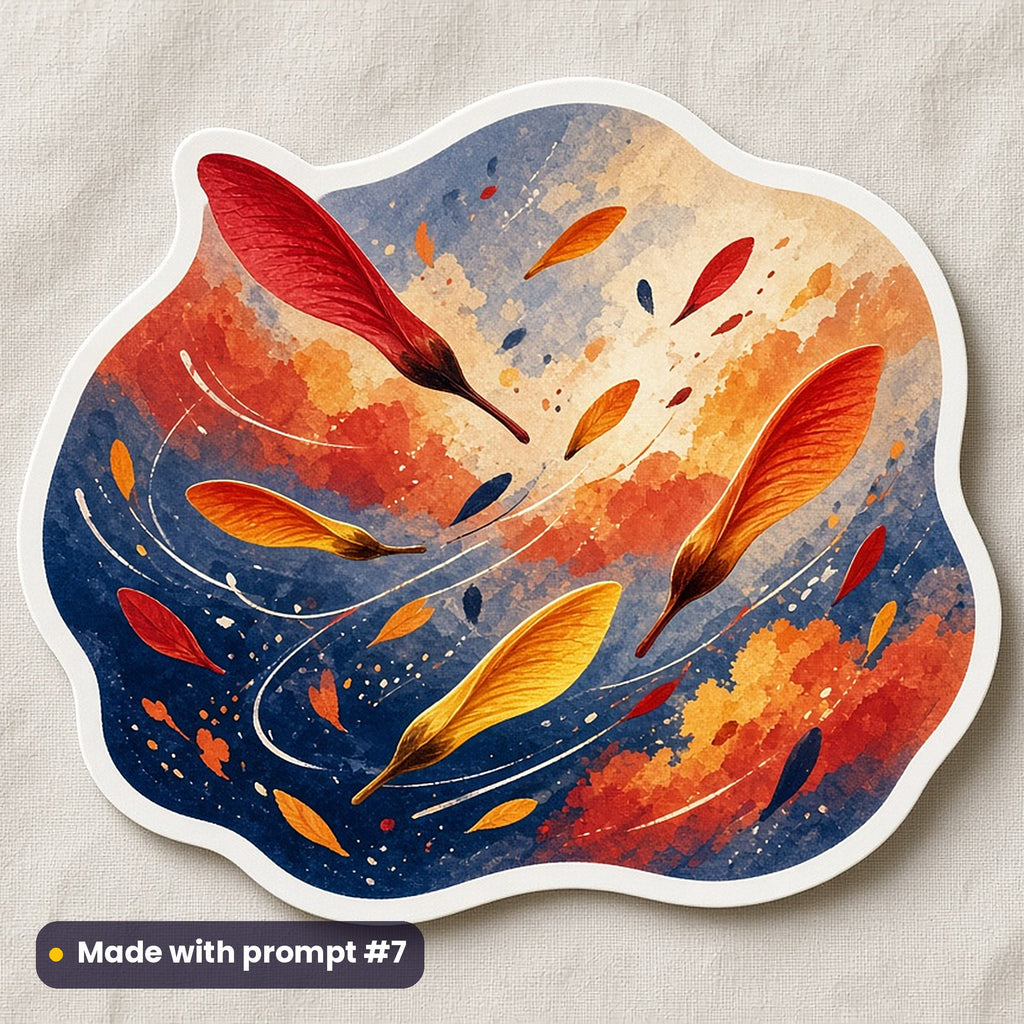 Canada Day artwork printed on a die-cut vinyl sticker: maple seed spinners drifting on the breeze, fantasy luminous style, made with prompt #7 from this pack