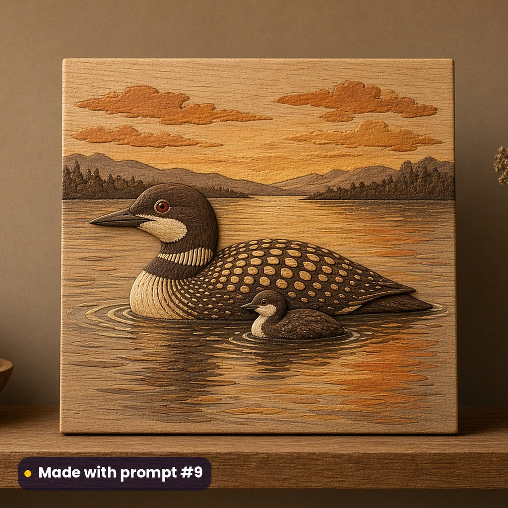 Canada Day artwork printed on a UV-printed wooden plaque: common loon with chick on a lake, handcrafted clay illusion style, made with prompt #9 from this pack