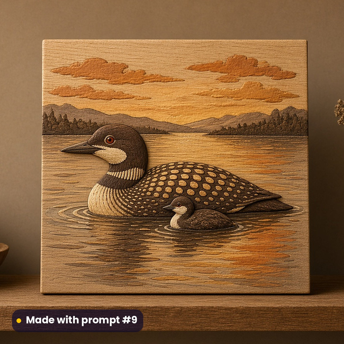 Canada Day artwork printed on a UV-printed wooden plaque: common loon with chick on a lake, handcrafted clay illusion style, made with prompt #9 from this pack