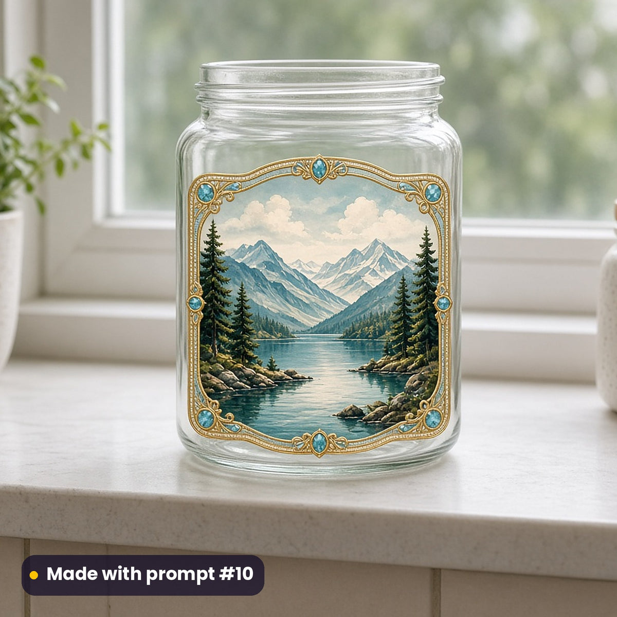 Canada Day artwork printed on a UV DTF decal on glass: vintage postcard-style lake and mountain view, luxury enamel & gemstone style, made with prompt #10 from this pack