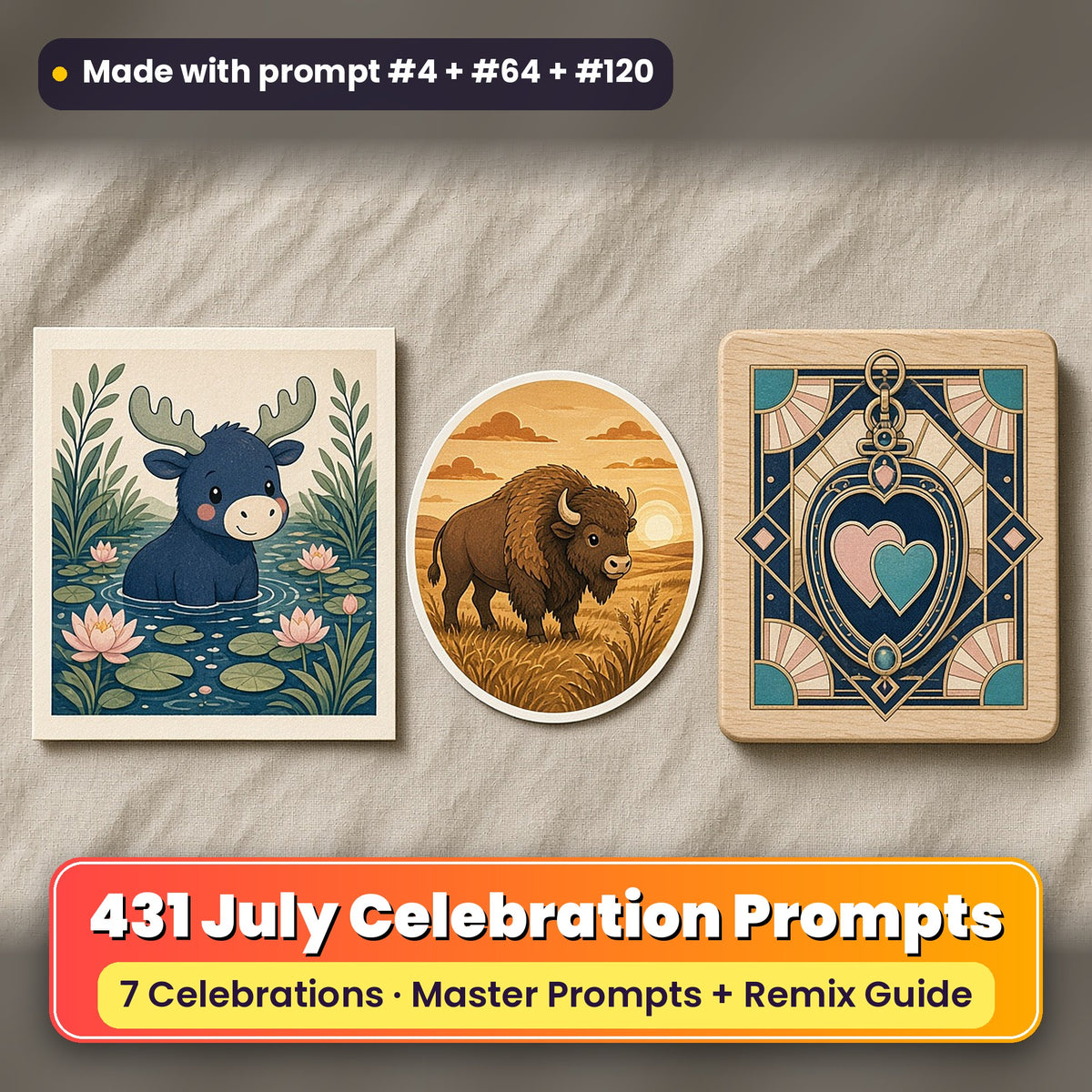 July Celebrations prompt bundle: 431 master prompts + Remix Guide, with a UV-printed greeting card, acrylic ornament and mug set made with prompts #4, #64 and #120