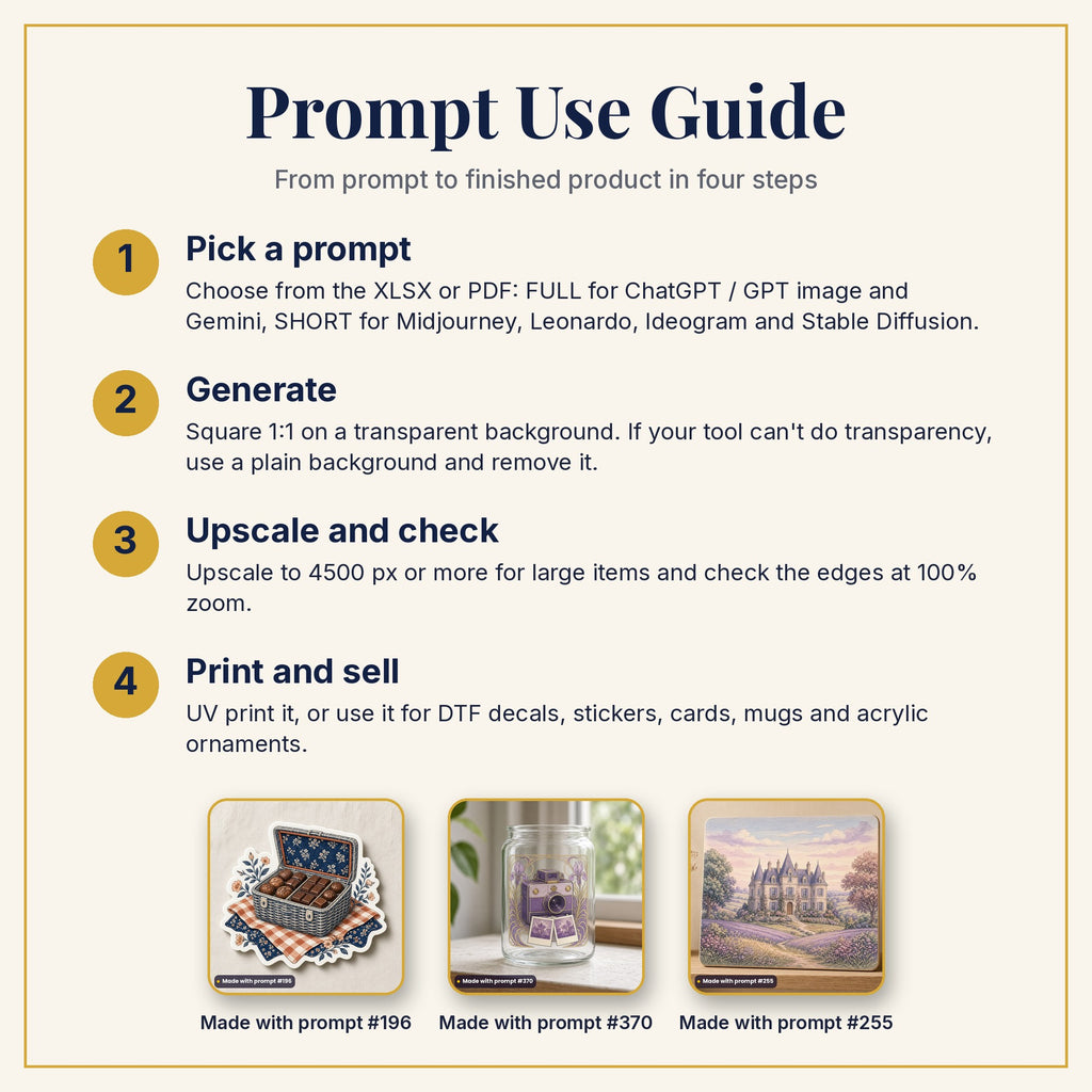 Prompt Use Guide: pick a prompt, generate, upscale and check, then print and sell, with example products made with prompts #196, #370 and #255