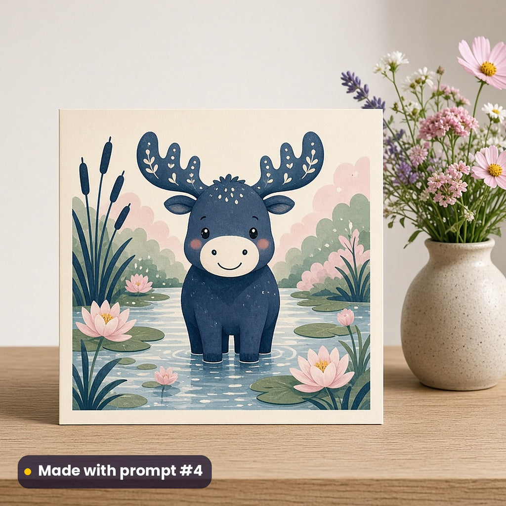 Canada Day artwork printed on a flat-printed greeting card: moose standing in a lily pond, cute kawaii style, made with prompt #4 from this pack