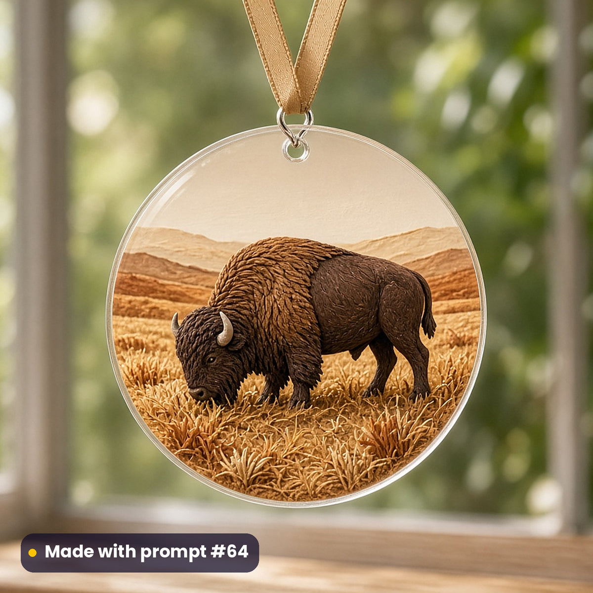US Independence Day artwork printed on a UV-printed clear acrylic ornament: bison grazing on golden prairie, handcrafted clay illusion style, made with prompt #64 from this pack