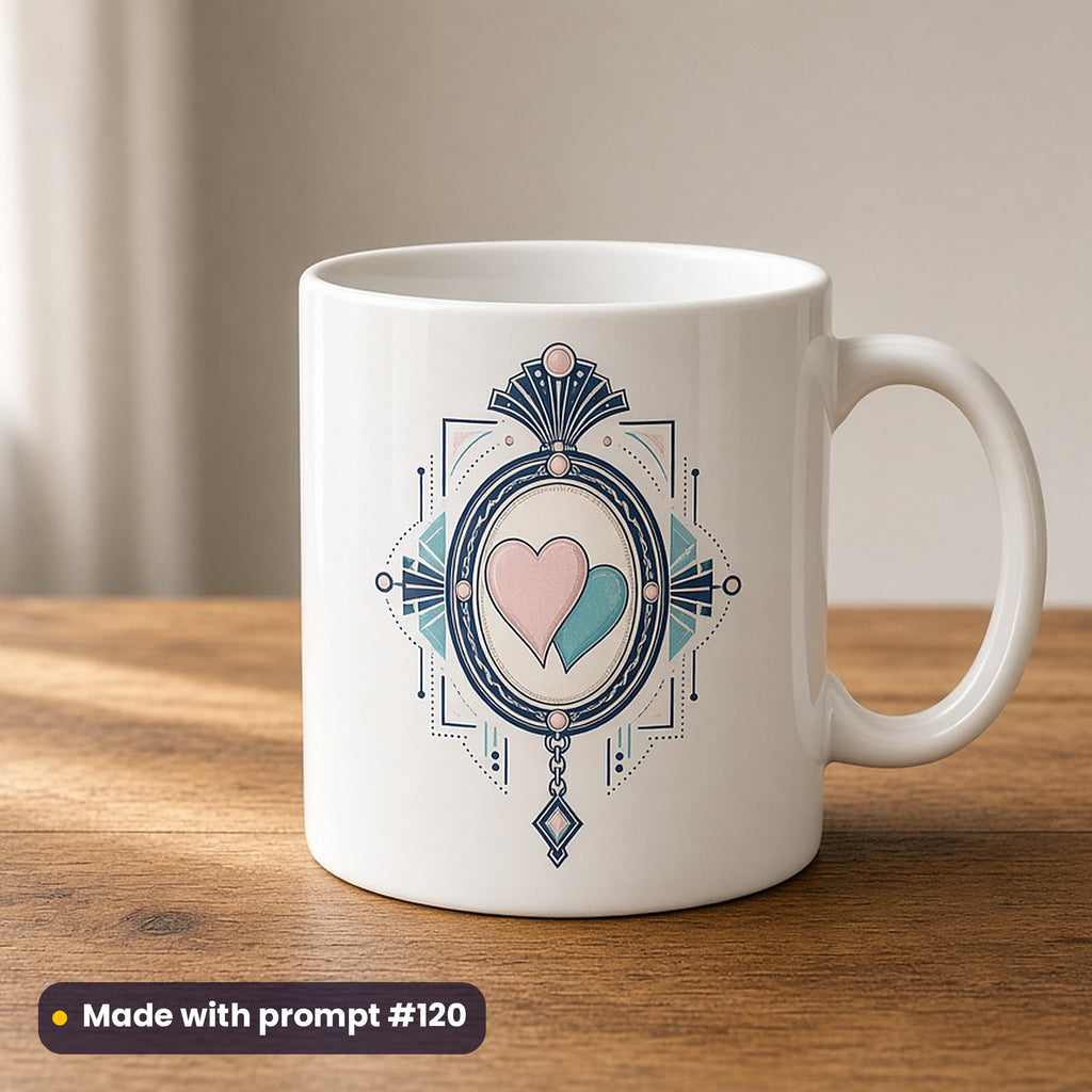 International Kissing Day artwork printed on a UV-printed ceramic mug: vintage locket with two hearts, art deco style, made with prompt #120 from this pack