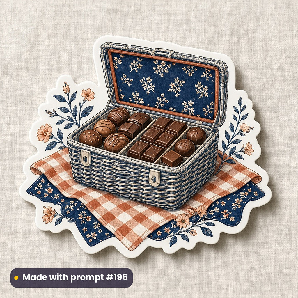 World Chocolate Day artwork printed on a die-cut vinyl sticker: picnic hamper with chocolate treats, luxury porcelain style, made with prompt #196 from this pack