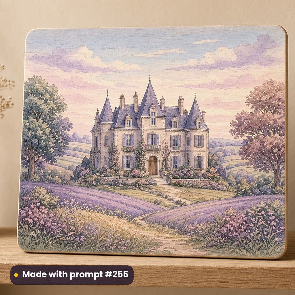 Bastille Day artwork printed on a UV-printed wooden plaque: French countryside château of original design, cottagecore style, made with prompt #255 from this pack