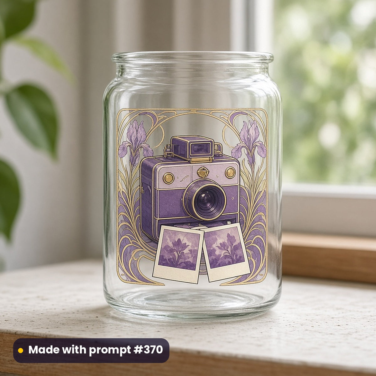 International Day of Friendship artwork printed on a UV DTF decal on glass: vintage instant camera with two snapshots, art nouveau style, made with prompt #370 from this pack