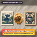 July Celebrations prompt bundle: 456 master prompts + Remix Guide, with a UV-printed greeting card, acrylic ornament and mug set made with prompts #4, #64 and #120